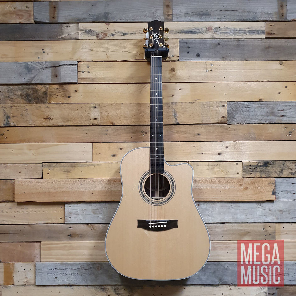 Maton ER90c acoustic guitar showcasing a sleek wooden body, six strings, and detailed craftsmanship.
