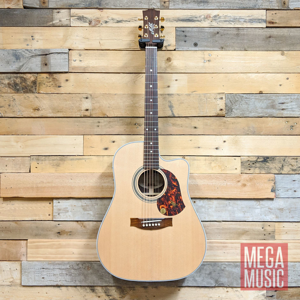 Maton ER90c acoustic guitar with a polished wood finish and six strings, shown from a side angle.