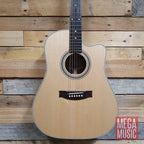 Maton ER90c acoustic guitar with a light wood finish, featuring a cutaway body and six strings, shown from a front angle.