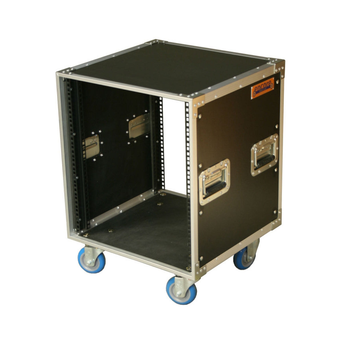 Encore 12RU basic rack mount case with castors, 495mm deep, open design without covers, suitable for server or audio equipment.