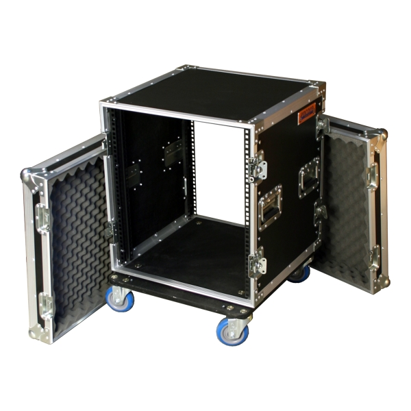 Encore 12RU rack mount case with castors, 500mm depth, black metal enclosure for professional audio and equipment storage.