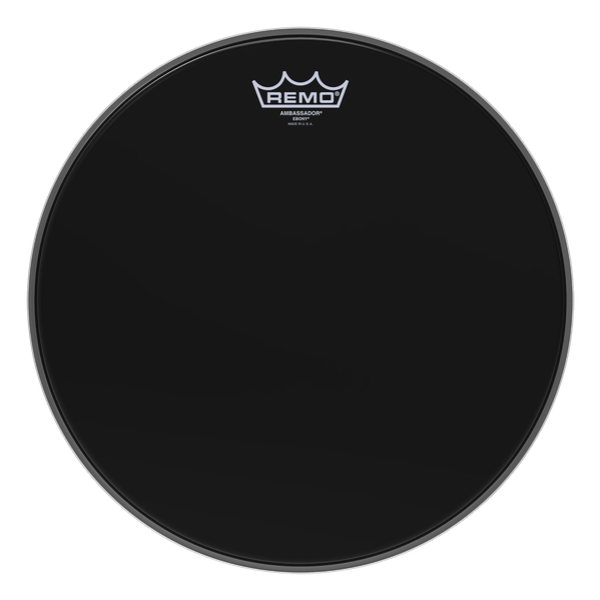 Remo Ambassador Ebony 15-inch drumhead showing a black drum head with the Remo logo and textured surface for drums.