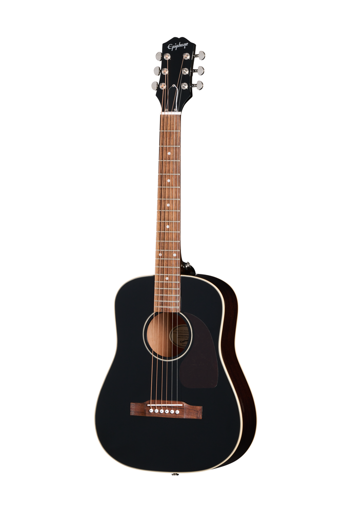 Epiphone J-45 Express acoustic guitar in ebony finish with a gig bag, showcasing its body, neck, and headstock.
