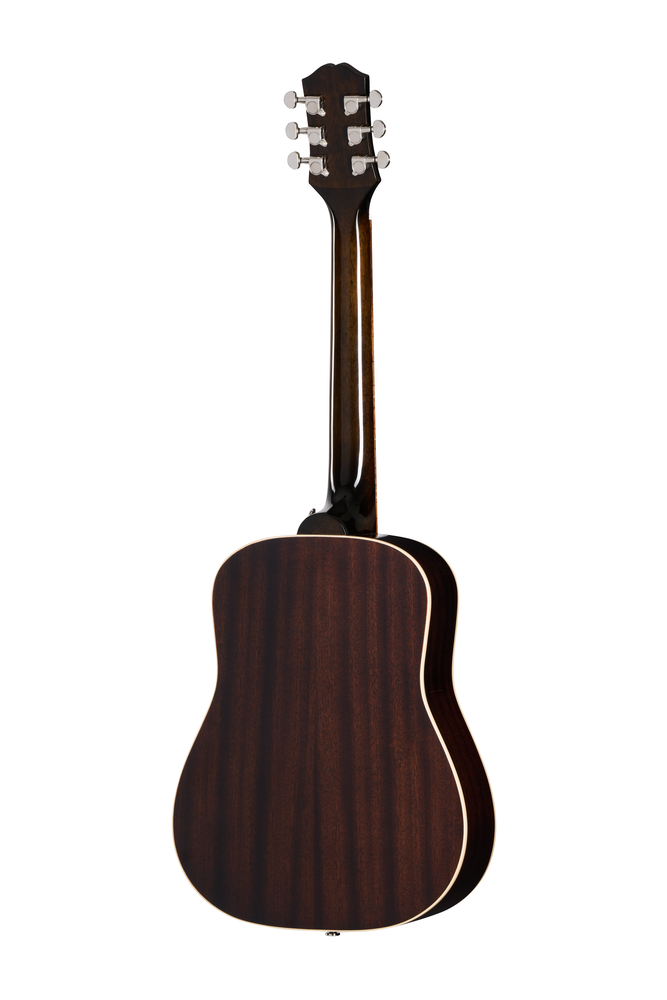 Epiphone J-45 Express acoustic guitar in ebony finish with gig bag, featuring a dreadnought body and sleek wood grain appearance.