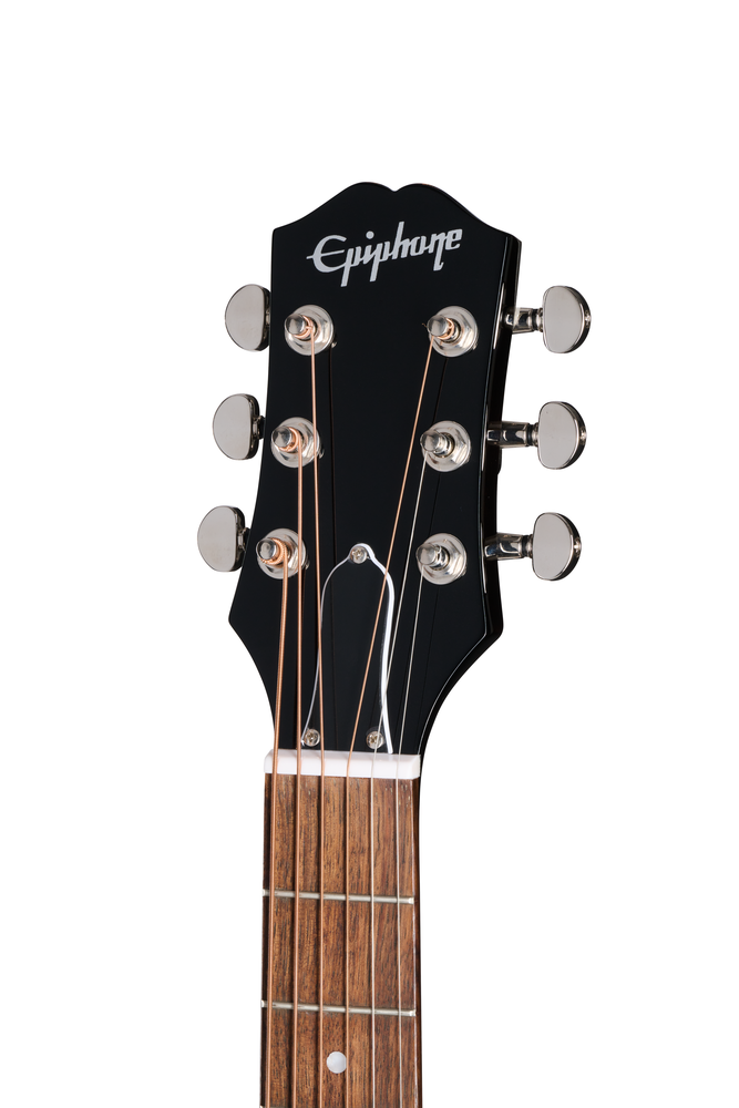 Epiphone J-45 Express acoustic guitar in ebony finish with a gig bag, showcasing the body and neck of the musical instrument.