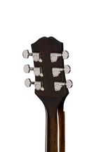 Epiphone J-45 Express ebony acoustic guitar with a gig bag, showing the body and neck detail in natural lighting.