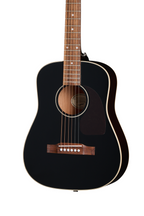 Epiphone J-45 Express acoustic guitar in ebony finish with gig bag, showcasing its body, neck, and headstock.