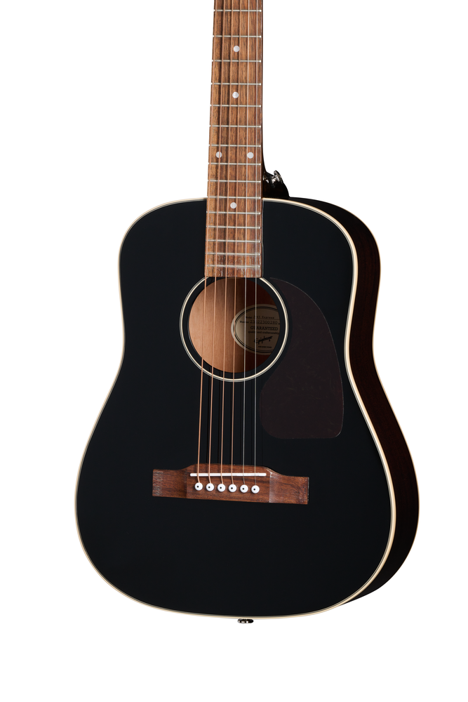 Epiphone J-45 Express acoustic guitar in ebony finish with gig bag, showcasing its body, neck, and headstock.