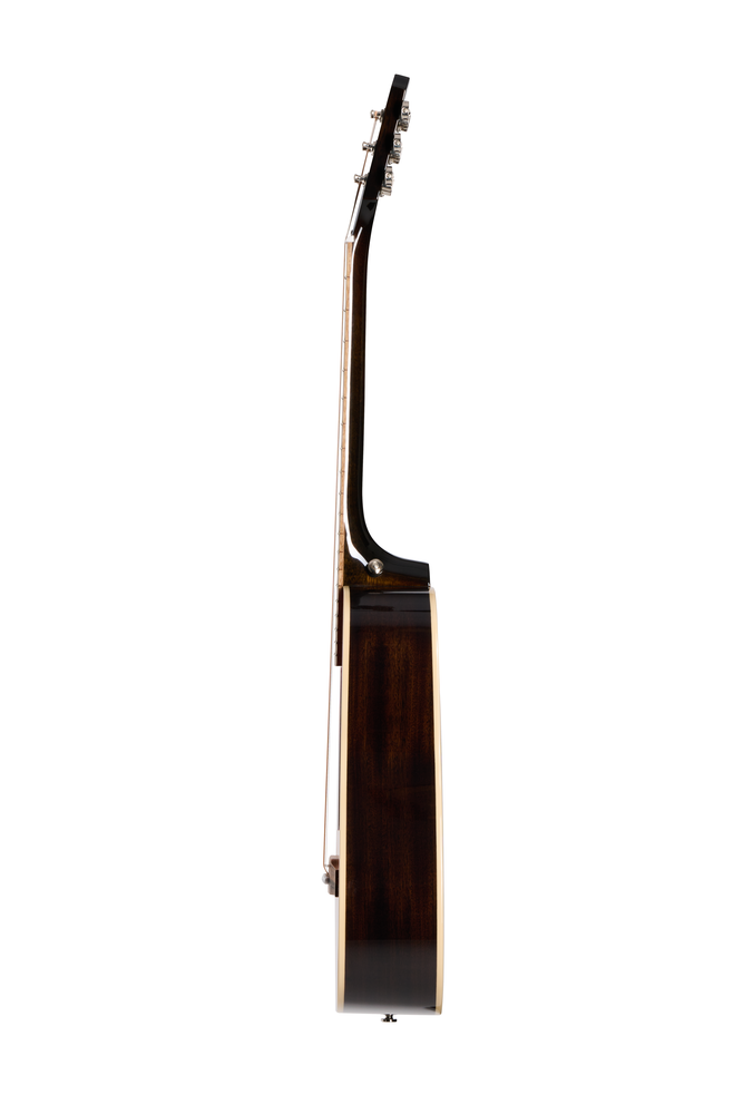 Epiphone J-45 Express acoustic guitar in ebony finish with a gig bag, showcasing its body, neck, and headstock in natural lighting.