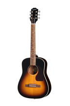 Epiphone J-45 Express vintage sunburst acoustic guitar with gig bag, showing the body and neck detail in natural light.