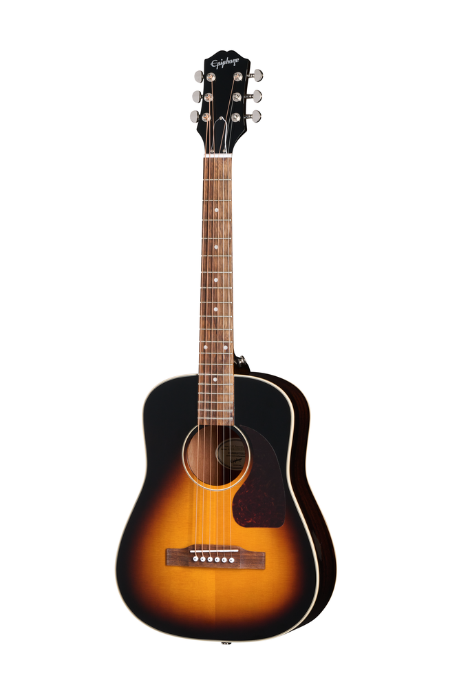 Epiphone J-45 Express vintage sunburst acoustic guitar with gig bag, showing the body and neck detail in natural light.