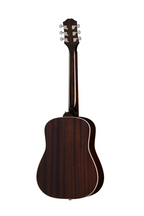 Epiphone J-45 Express acoustic guitar in vintage sunburst finish with a gig bag, showcasing its classic shape and wood grain.