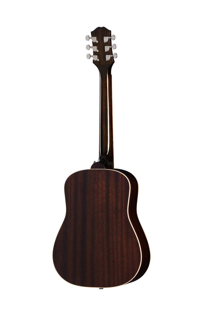 Epiphone J-45 Express acoustic guitar in vintage sunburst finish with a gig bag, showcasing its classic shape and wood grain.