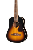 Epiphone J-45 Express acoustic guitar in vintage sunburst finish with gig bag, showcasing its body and neck details.