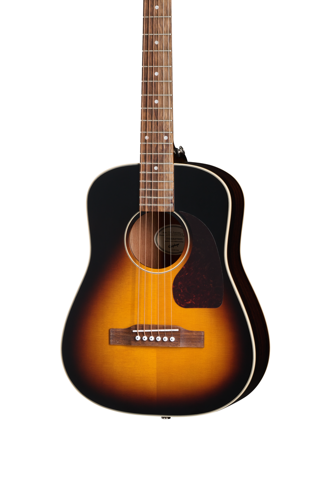 Epiphone J-45 Express acoustic guitar in vintage sunburst finish with gig bag, showcasing its body and neck details.