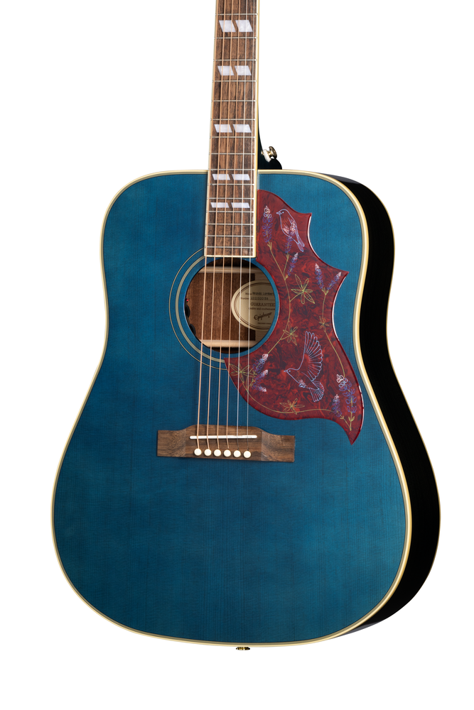 Epiphone Miranda Lambert Bluebird acoustic guitar in bluebonnet finish with case, showing the body, neck, and headstock.