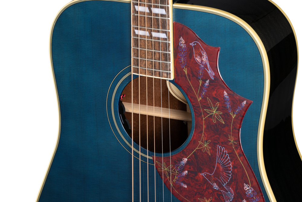 Epiphone Miranda Lambert Bluebird acoustic guitar in blue with matching case, featuring a natural wood finish and detailed fretboard.