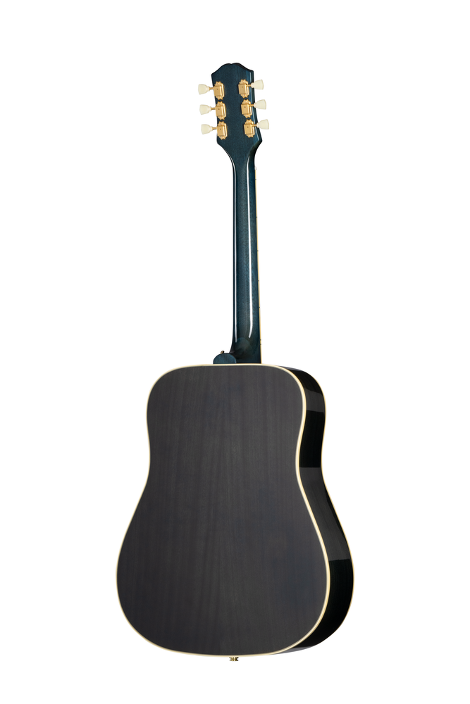 Epiphone Miranda Lambert Bluebird acoustic guitar in bluebonnet finish with case, showcasing its body and neck details.