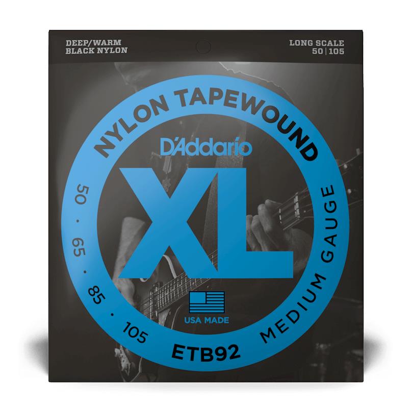 D'Addario ETB92 medium tapewound bass guitar strings in packaging, designed for warm, mellow sound and comfortable playability.