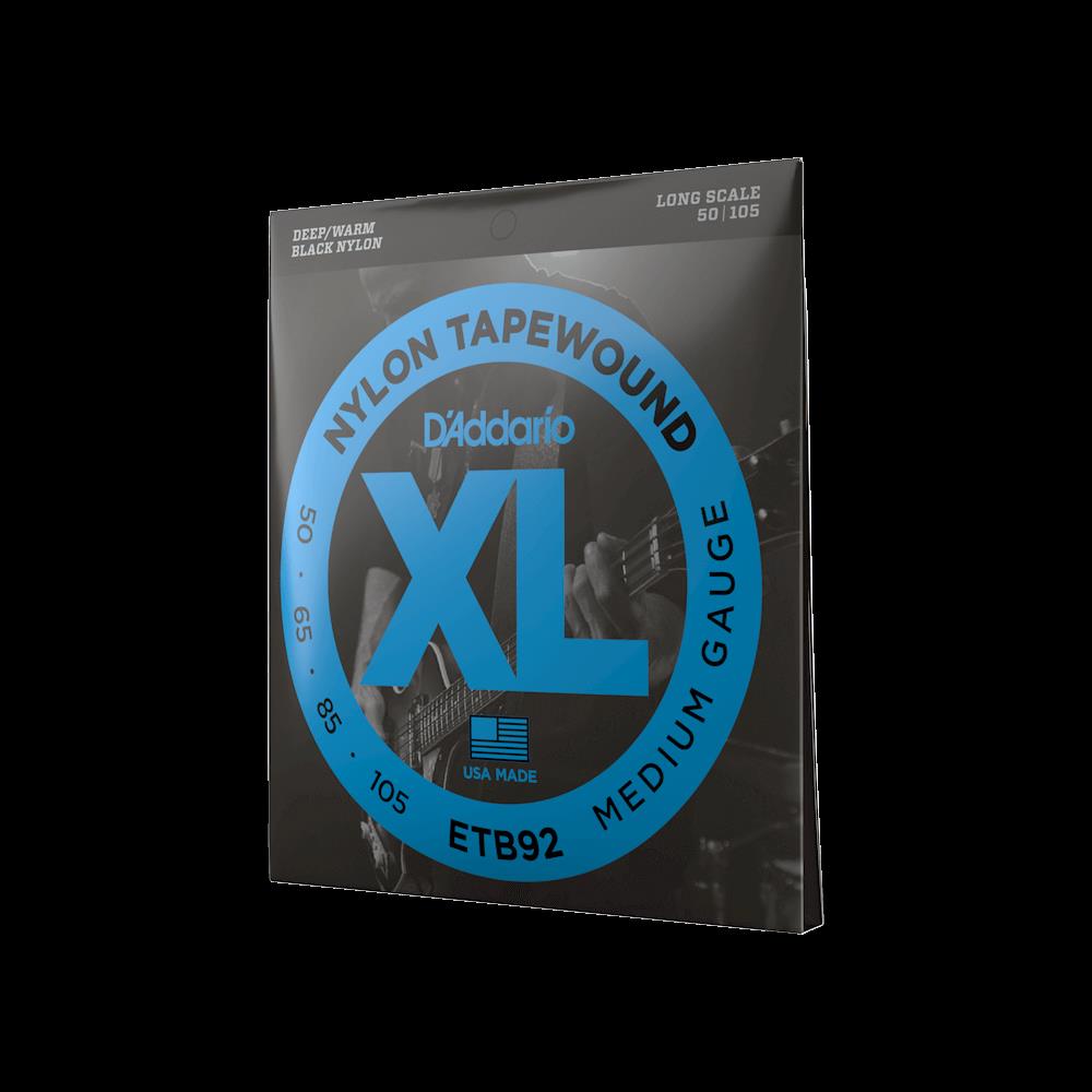 D'Addario ETB92 medium tapewound bass guitar strings in 50-105 gauge, shown on a bass guitar.