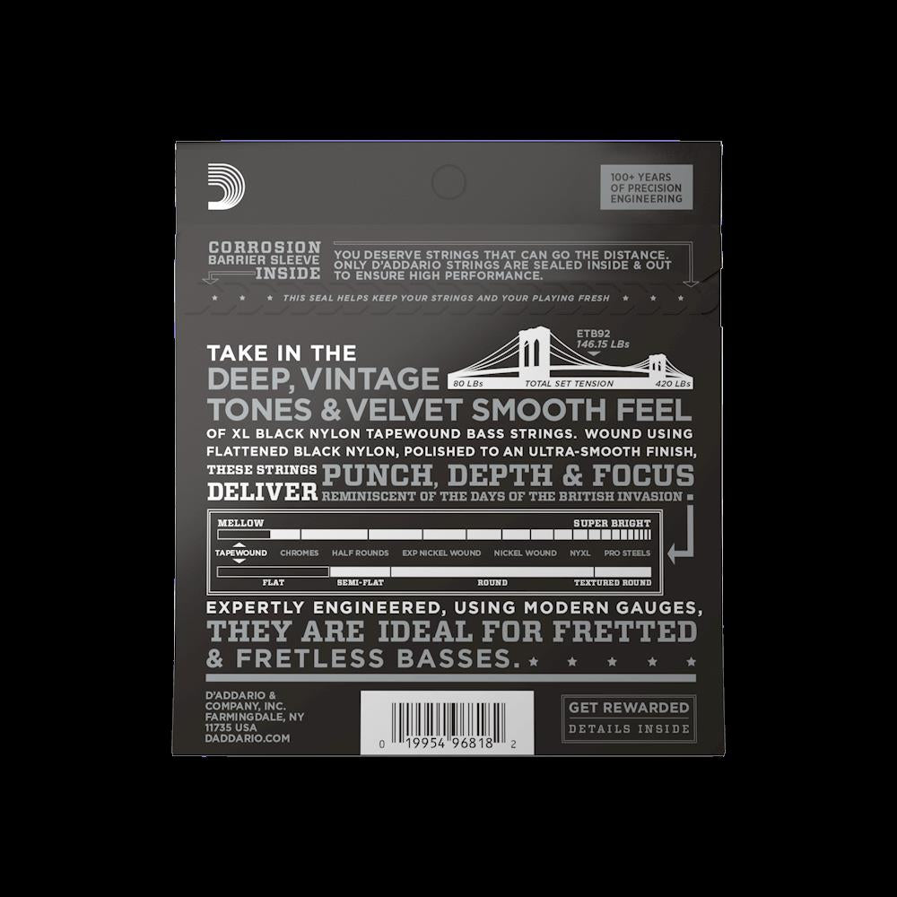 D'Addario ETB92 medium tapewound bass guitar strings shown on a bass guitar. Durable, high-quality strings for bass players.