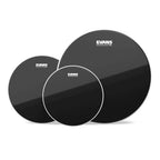 Evans Black Chrome Tompack drum heads set with 10, 12, and 16-inch sizes, designed for rock drumming.