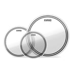 Evans EC2 Tompack clear drum heads for 12, 13, and 16 inch drums, featuring standard drum head design.