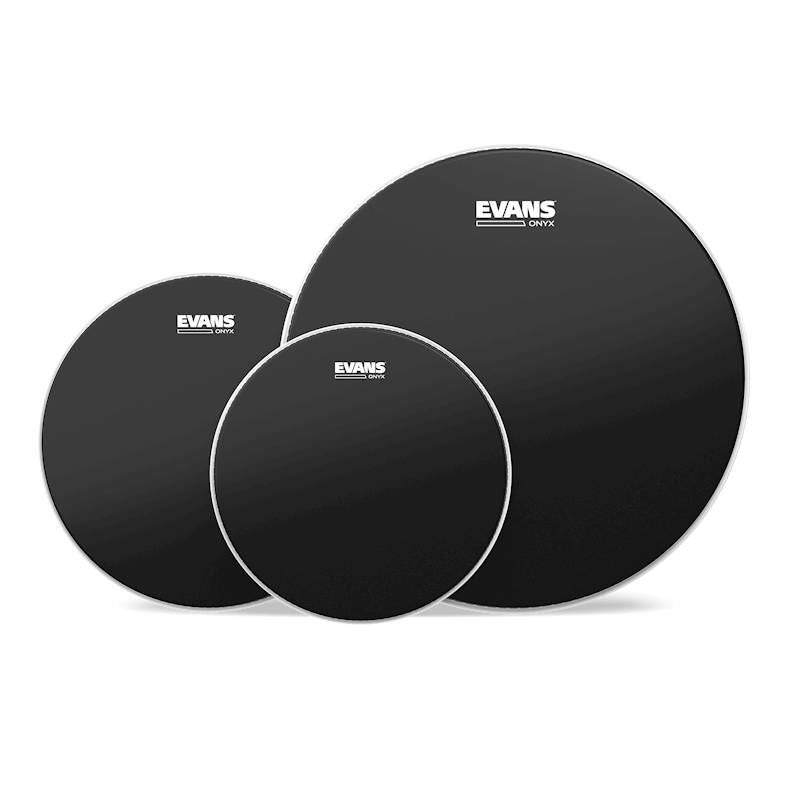 Evans Onyx 2-Ply Tompack coated drum heads in rock finish for 10, 12, and 16 inch drums, mounted on drum shells.
