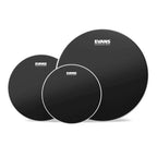 Evans Onyx 2-Ply Tompack coated drum heads in rock finish for 10, 12, and 16 inch drums, mounted on drum shells.