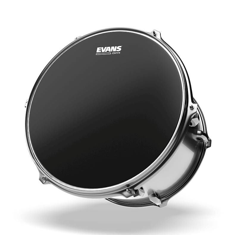 Evans Onyx 2-Ply Tompack coated drum heads in rock finish, 10, 12, and 16 inch sizes, designed for drum set toms.