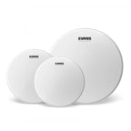 Evans UV1 Coated Tom Pack featuring 12, 13, and 16 inch drumheads displayed on a wooden surface.