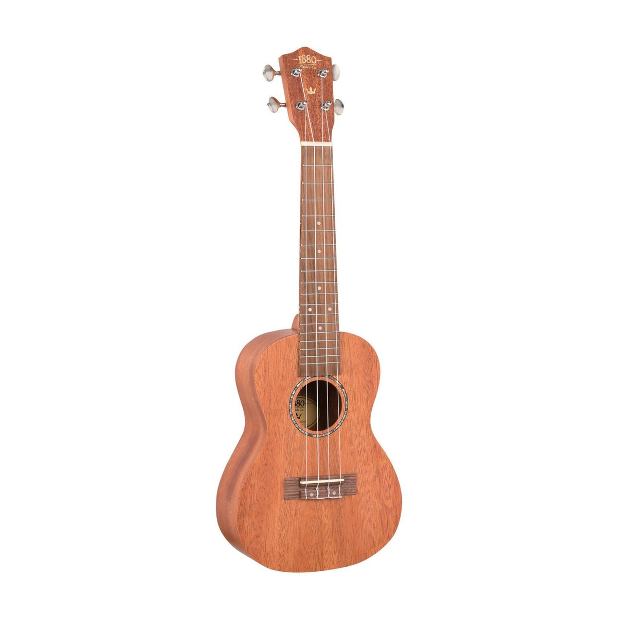 Solid mahogany top concert ukulele by 1880 Ukulele Co., featuring a sleek design and natural wood grain finish.