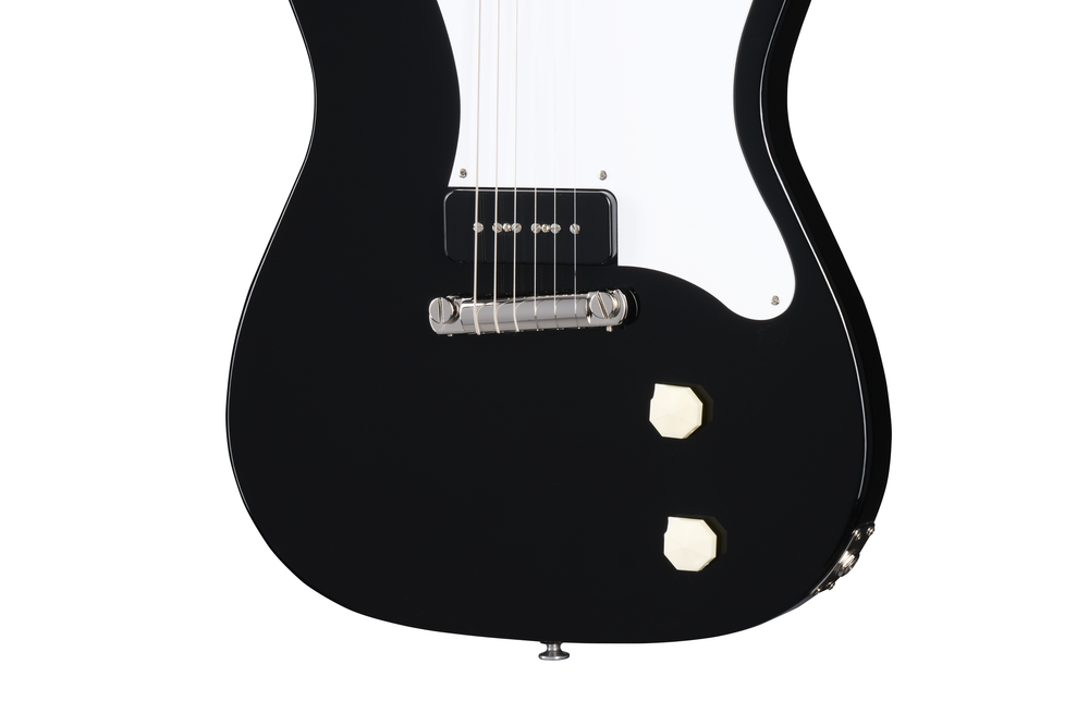 Epiphone USA Coronet electric guitar in ebony finish with sleek body and chrome hardware, showcasing its classic design.
