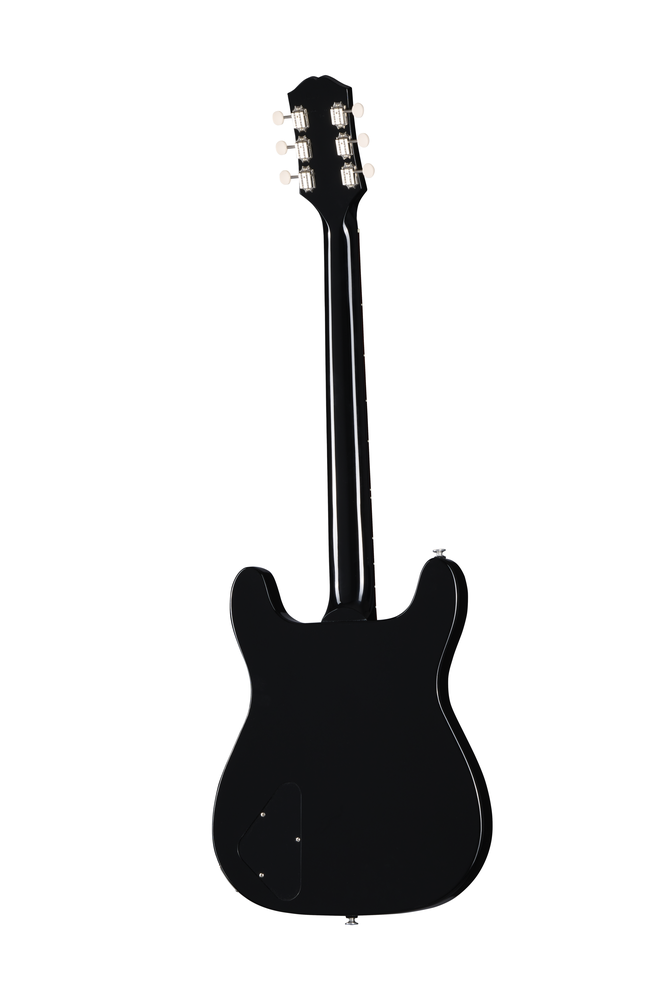 Black Epiphone USA Coronet electric guitar with sleek finish, six strings, and classic body shape.