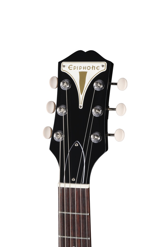 Black Epiphone USA Coronet electric guitar with sleek body and chrome hardware, showcasing its classic design and ebony finish.