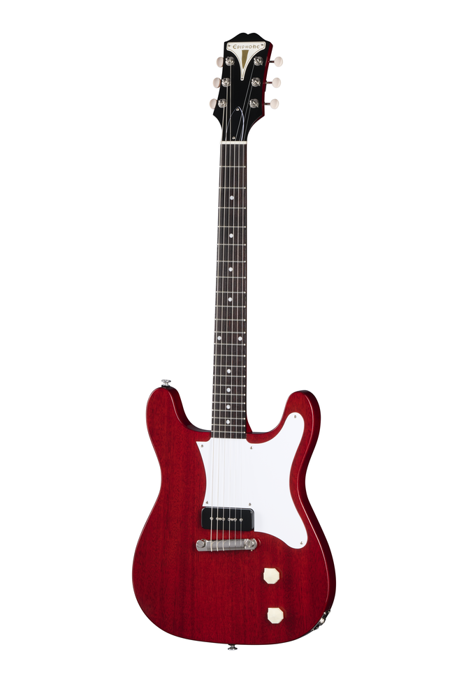 Epiphone USA Coronet electric guitar in ebony finish, featuring a sleek solid body and vintage-style hardware.