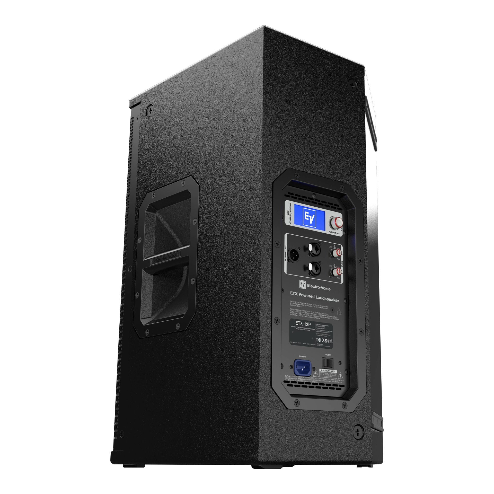 Electro-Voice ETX12P 12-inch powered PA speaker with control panel and handle for portable sound reinforcement.