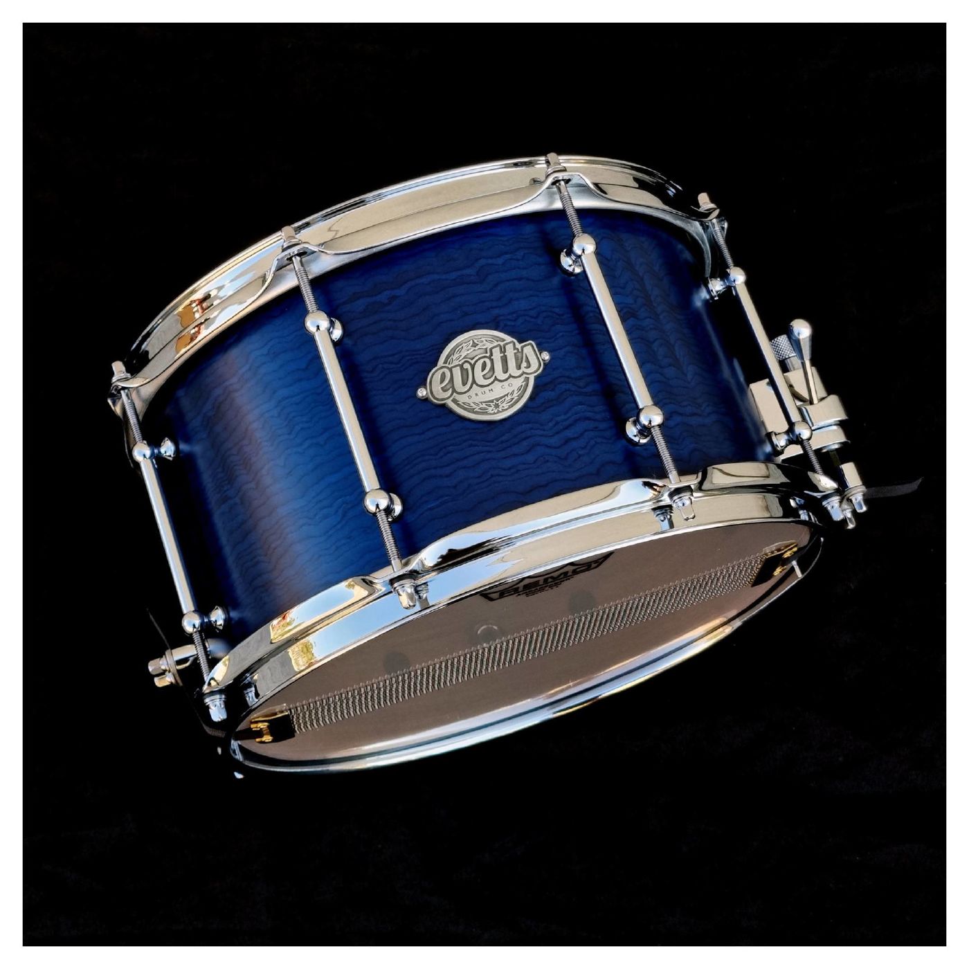 Evetts 12 x 7 inch Blue Fiddleback Exotic Over Tasmanian Blackwood Snare Drum - Smooth Satin