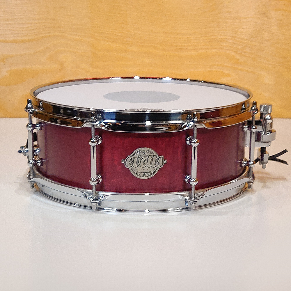Evetts 13 x 5 Spotted Gum Snare Drum Smooth Satin Red Silky Oak Veneer