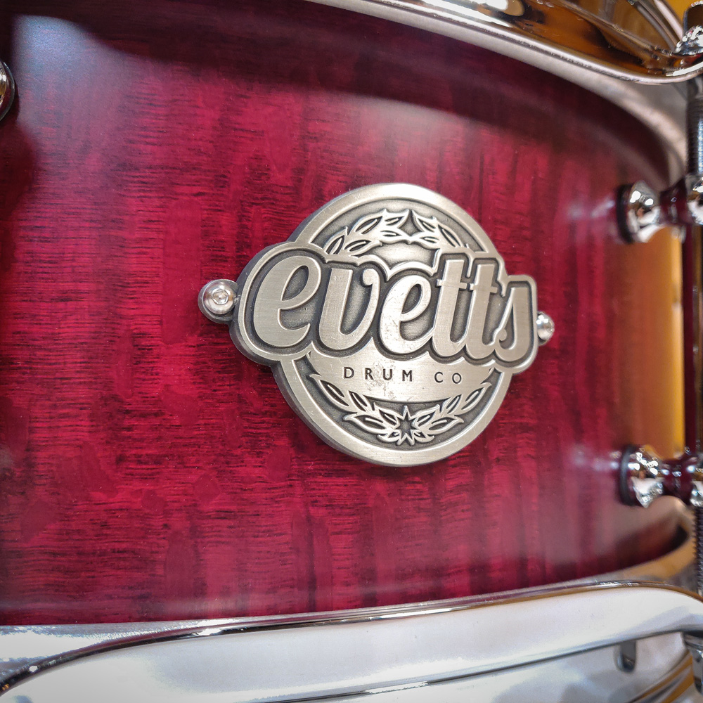 Evetts 13 x 5 Spotted Gum Snare Drum Smooth Satin Red Silky Oak Veneer