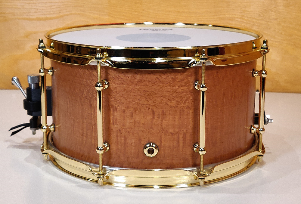 Evetts 13 x 7 Spotted Gum Snare Drum Smooth Satin Brass Plated Hardware