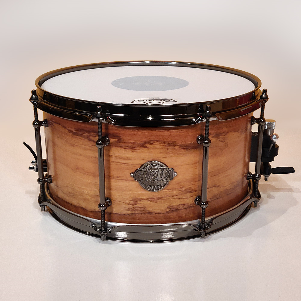 Evetts 13x7 inch Spotted Gum Snare Drum in Smooth Satin with Nickel Black Hardware