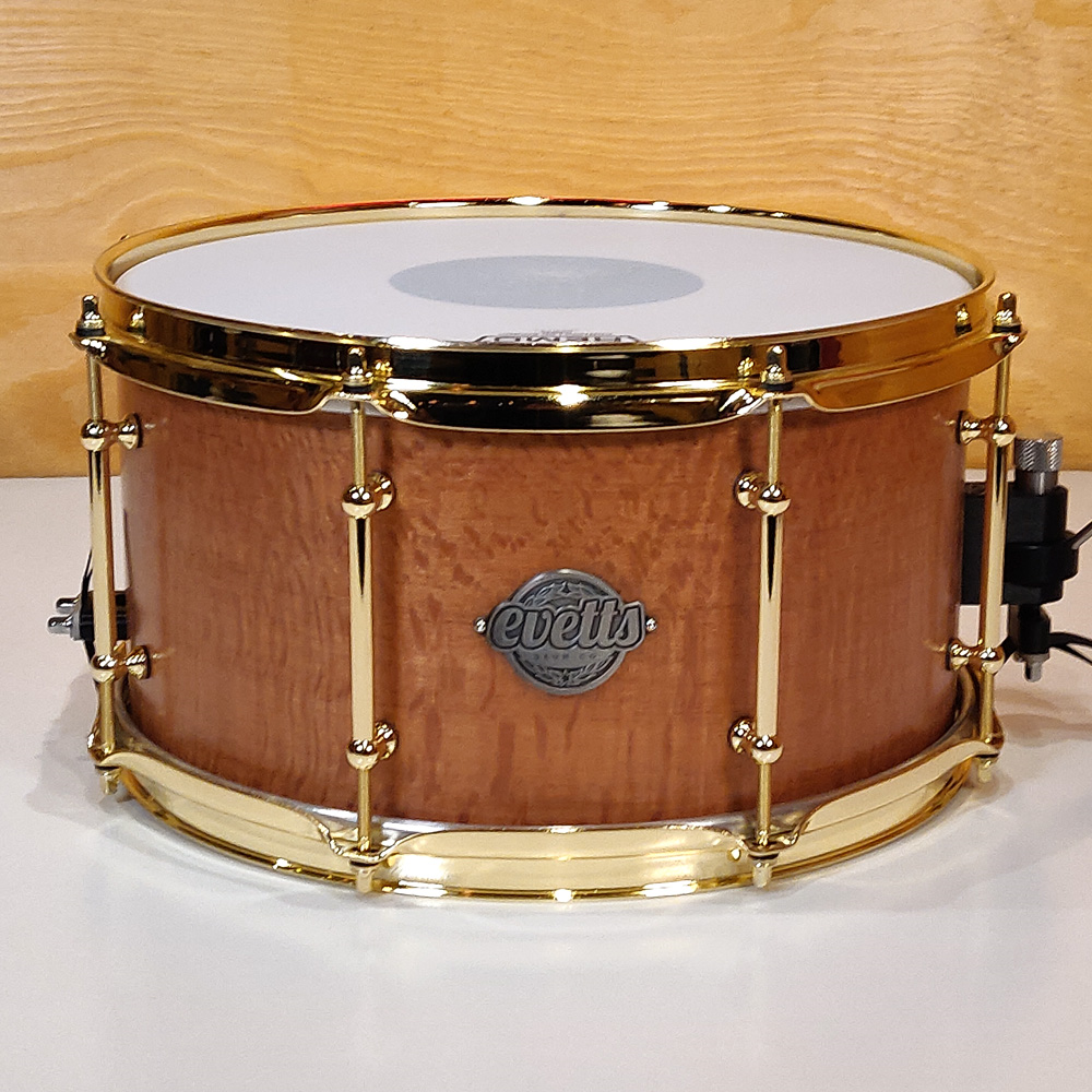 Evetts 13 x 7 Spotted Gum Snare Drum Smooth Satin Brass Plated Hardware