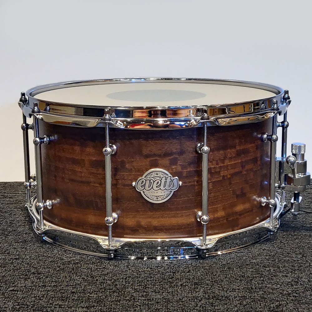 Evetts 14 x 7 Spotted Gum Snare Drum Smooth Satin Smoked Figured Eucalypt