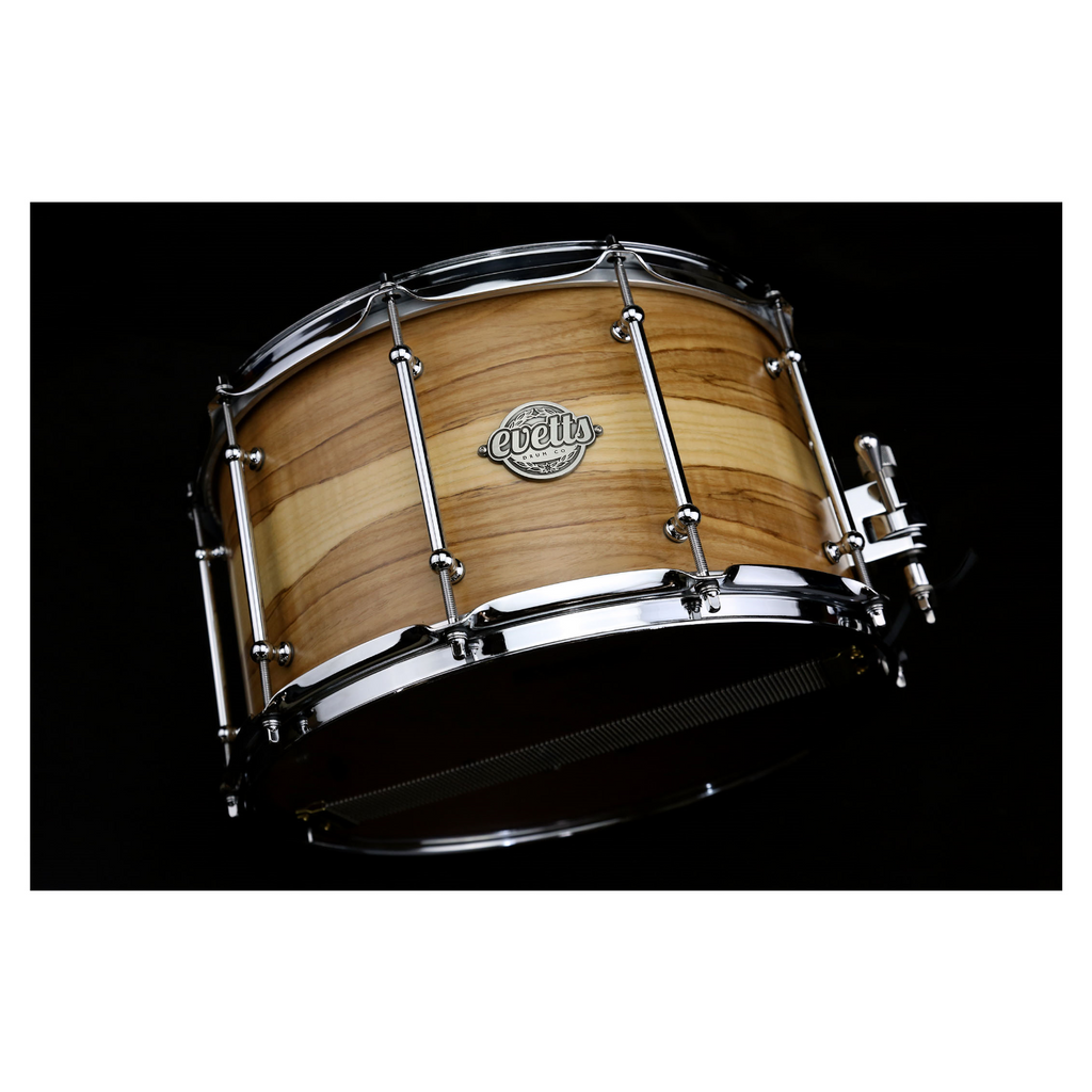 Evetts 14 x 8 inch Jarrah Ply Snare Drum in Smooth Satin - European Olive Ash