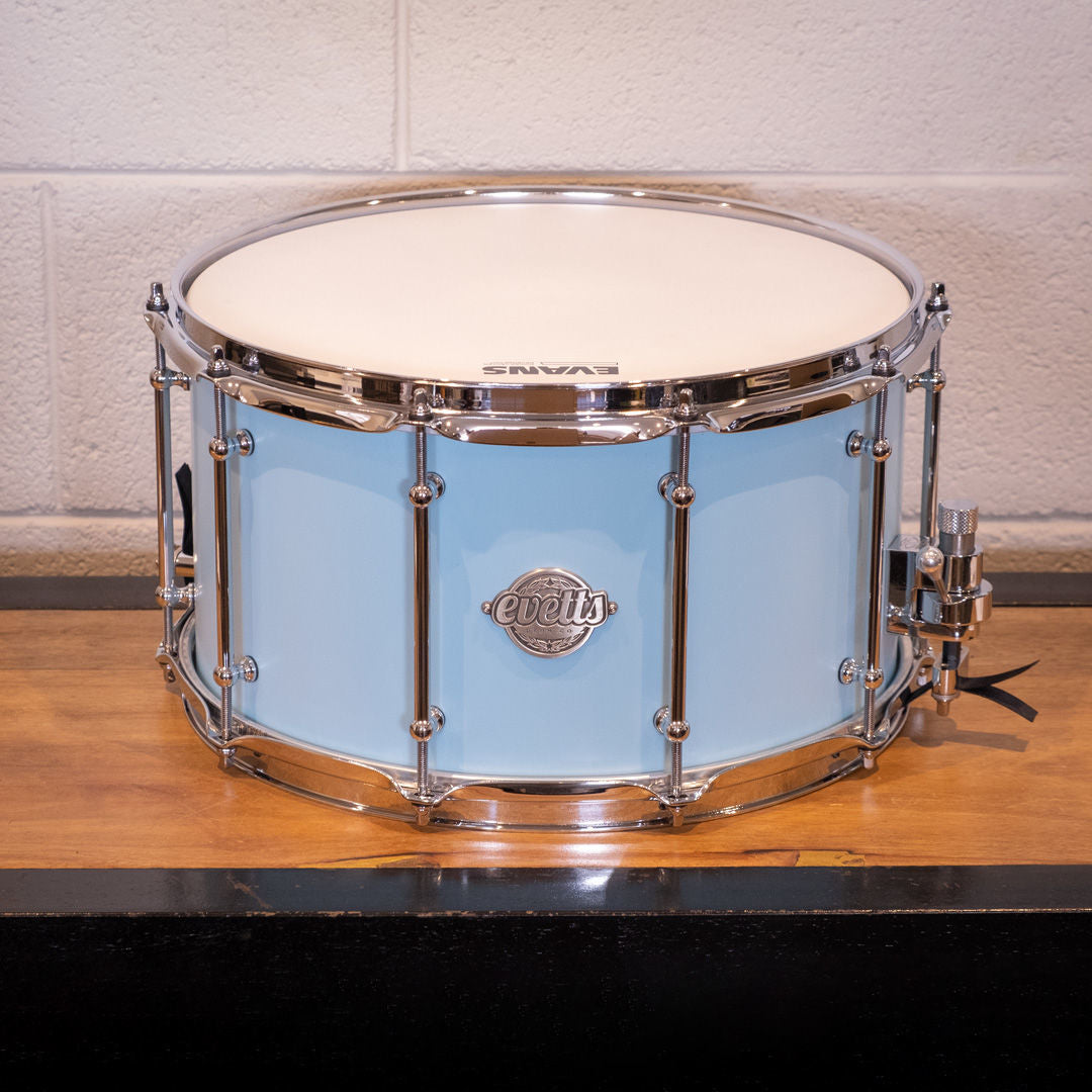 Evetts 14 x 8 inch Spotted Gum Snare Drum - Smooth Satin - Baby Blue