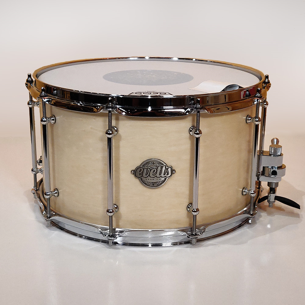 Evetts 14x8 inch Spotted Gum Snare Drum in Smooth Satin White Birdseye Veneer