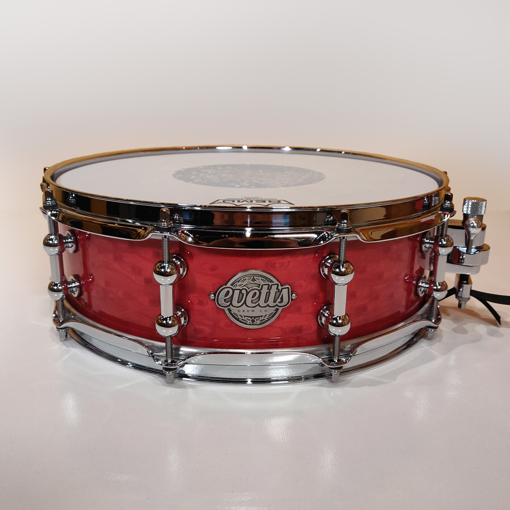 Evetts 14x4.5 inch All-horizontal Jarrah Ply Snare Drum with Chunky Tube Lugs in High Gloss Red Birdseye Veneer