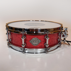 Evetts 14x4.5 inch All-horizontal Jarrah Ply Snare Drum with Chunky Tube Lugs in High Gloss Red Birdseye Veneer