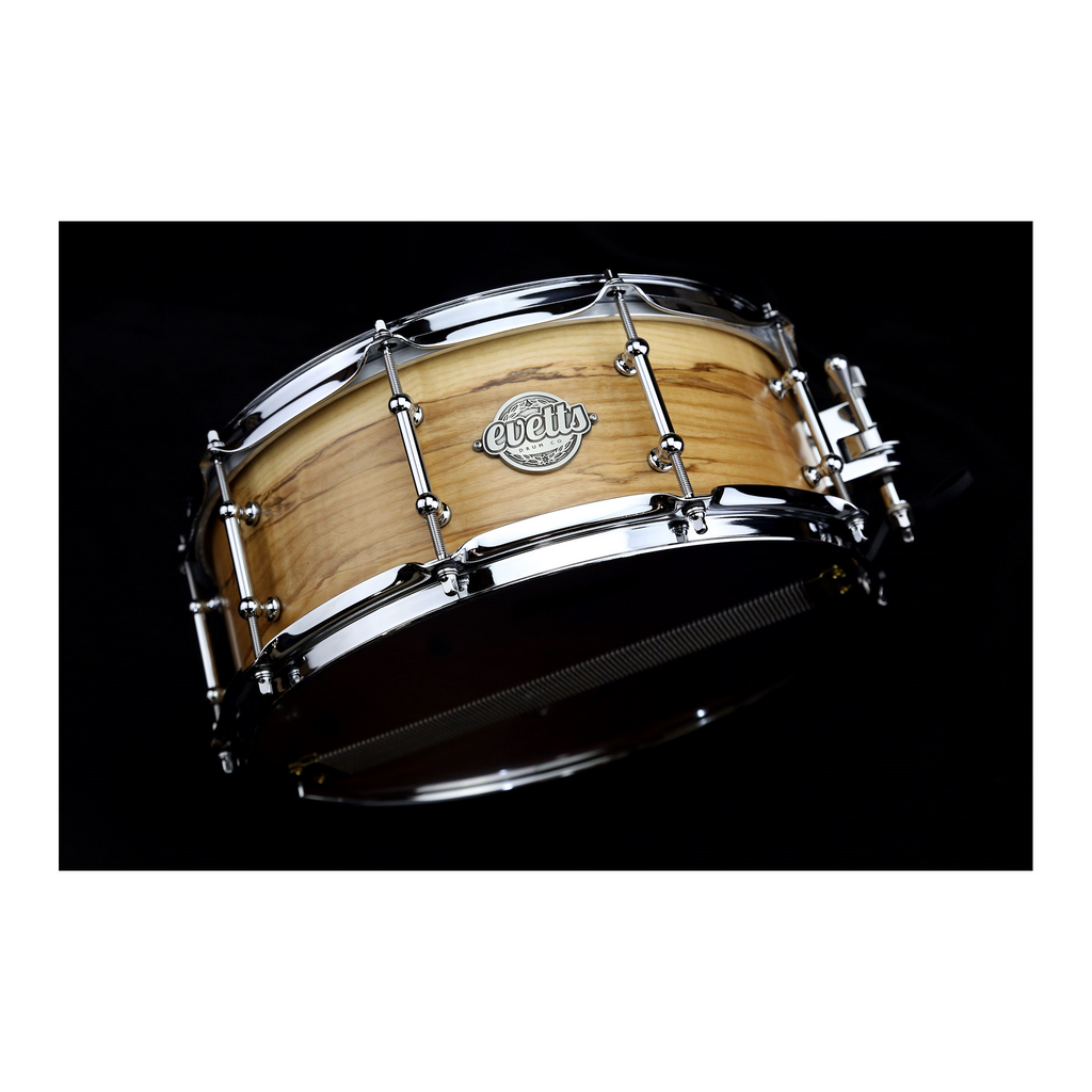 Evetts 14 x 5.5 inch Jarrah Ply Snare Drum in Smooth Satin - European Olive Ash